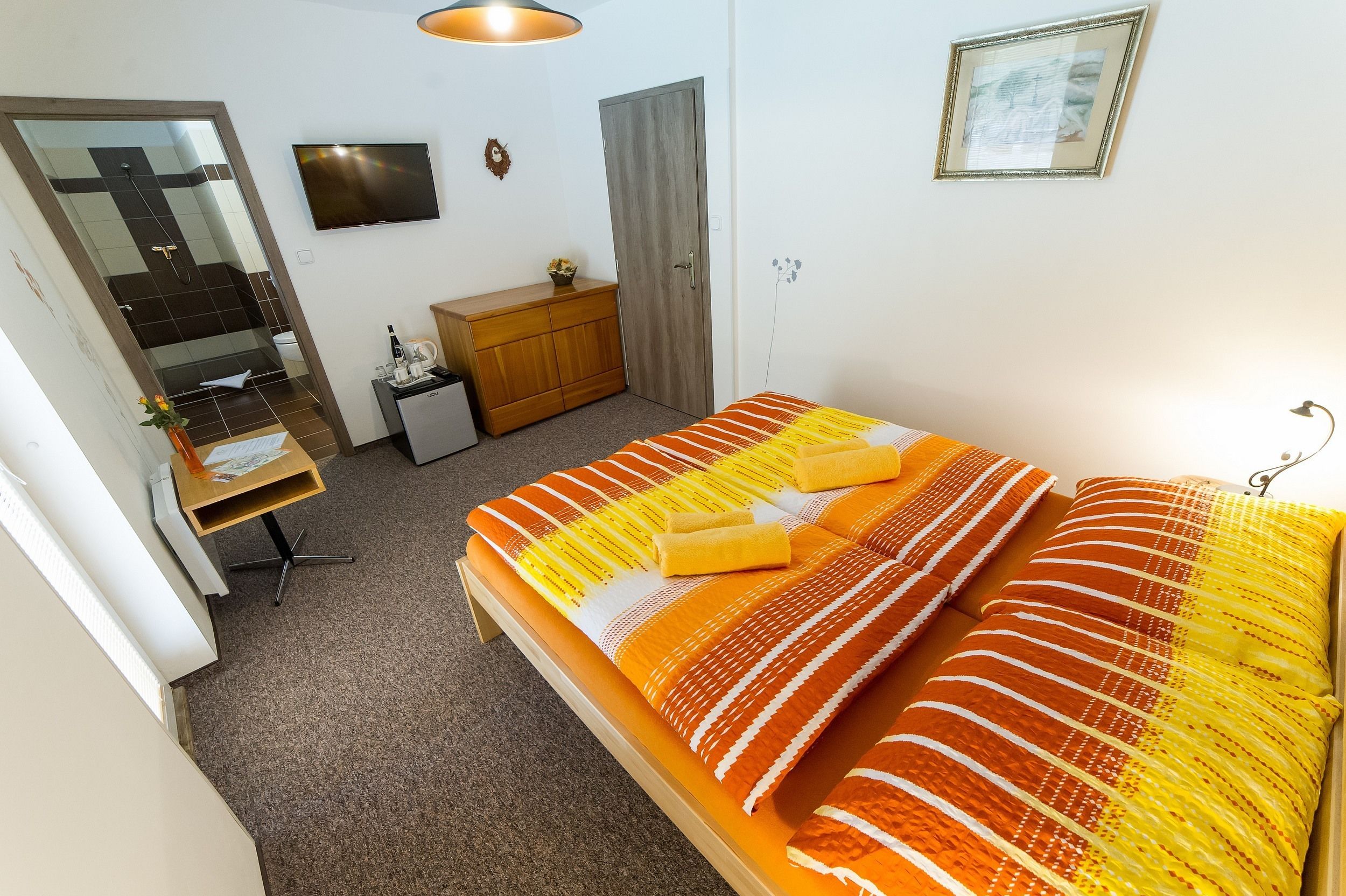 A bedroom with a bed, a desk, a wardrobe, a television, and a shower area.