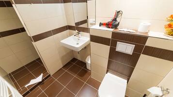 A bathroom with a sink, toilet, and mirror.