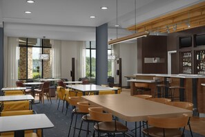 A modern dining area with multiple tables and chairs, a bar area with a counter and stools, and large windows providing natural light. - Courtyard by Marriott Atlanta Lithia Springs (Lithia Springs)