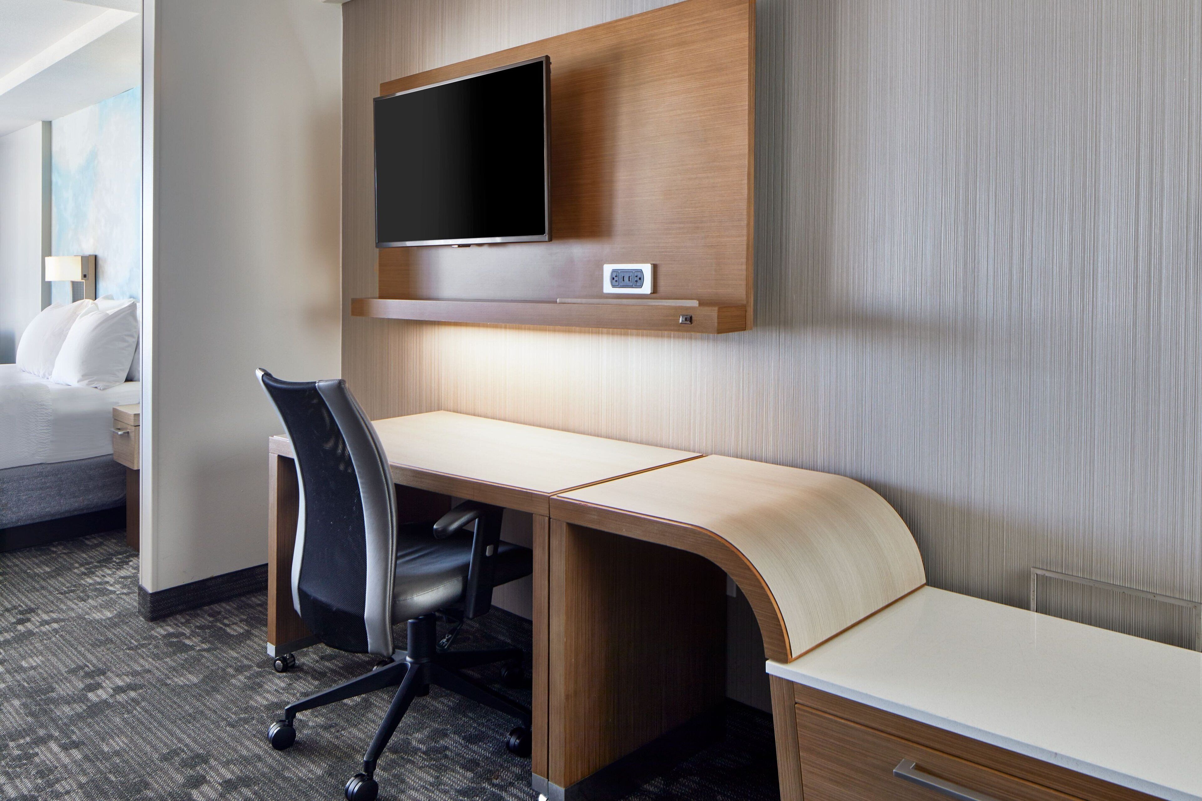 desk, laptop workspace, blackout curtains, iron/ironing board