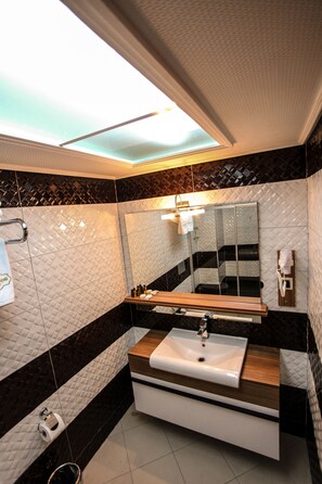 Une salle de bain moderne dotée d’une lucarne, d’un grand miroir, d’un lavabo et de toilettes.