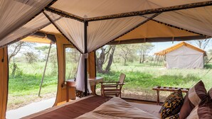 Una habitación con carpa, una cama, una mesa y una silla.