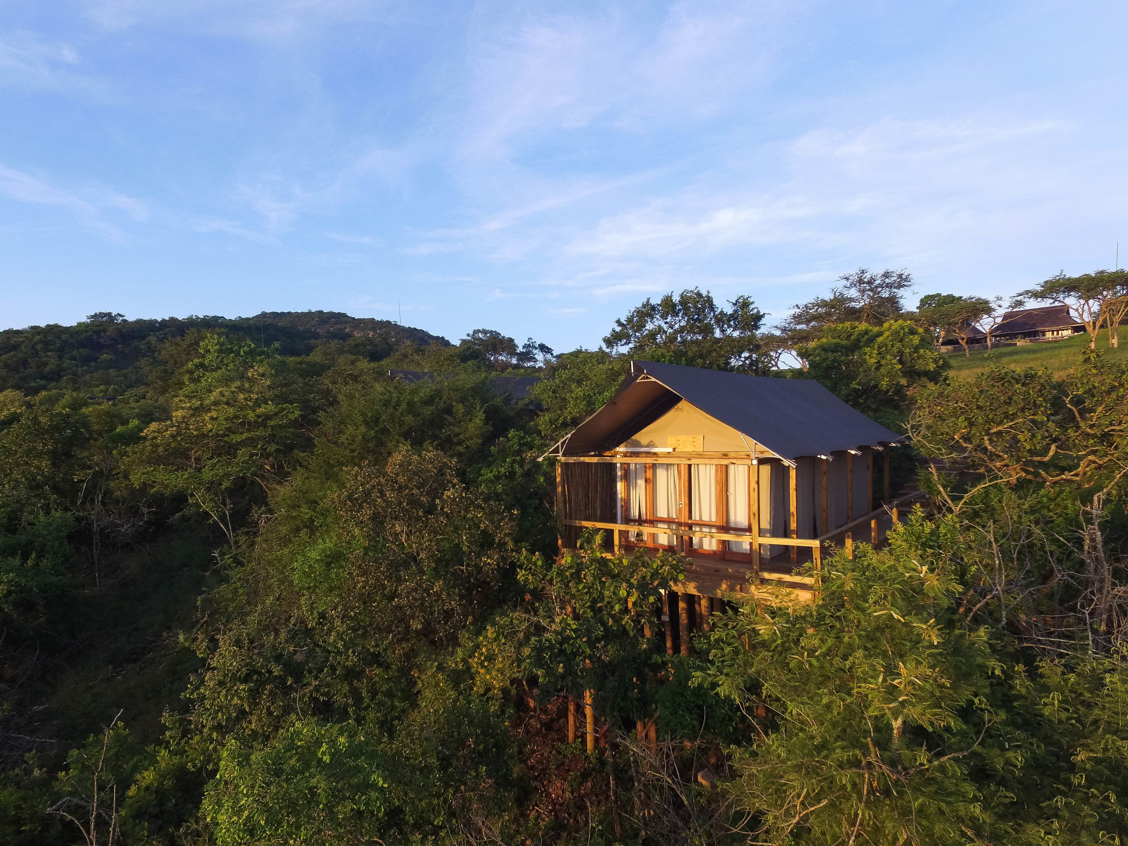A wooden cabin nestled in a forested hillside with a clear view of the surrounding landscape.