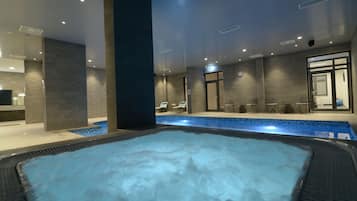 Indoor pool, open 8:00 AM to 9:00 PM, sun loungers