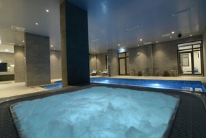 Indoor pool, open 8:00 AM to 9:00 PM, sun loungers