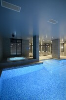 Indoor pool, open 8:00 AM to 9:00 PM, sun loungers