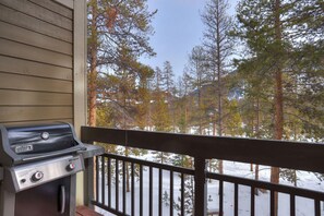 A grill on a porch with a view of a snowy forest. - Pines 2045 (Keystone)