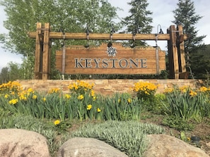Enter a charming garden with a welcoming wooden sign and a well-maintained landscape.
