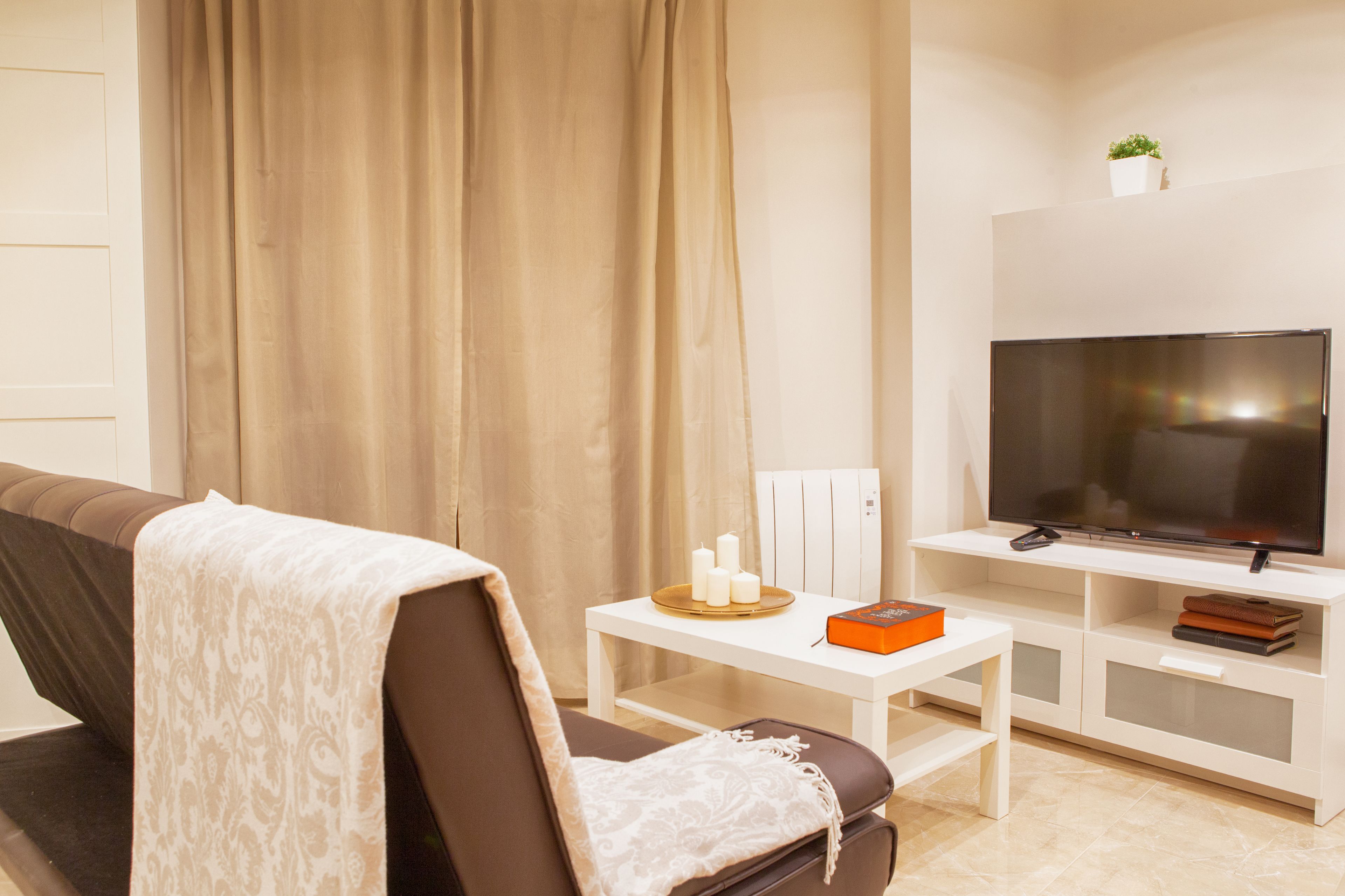 A living room with a sofa, a TV on a stand, a small table with candles, and a plant on the wall.