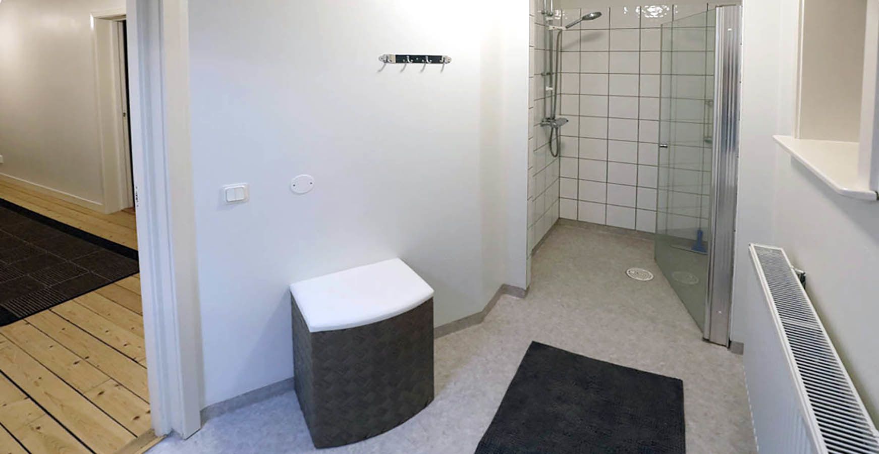 Un baño con inodoro, ducha y radiador.