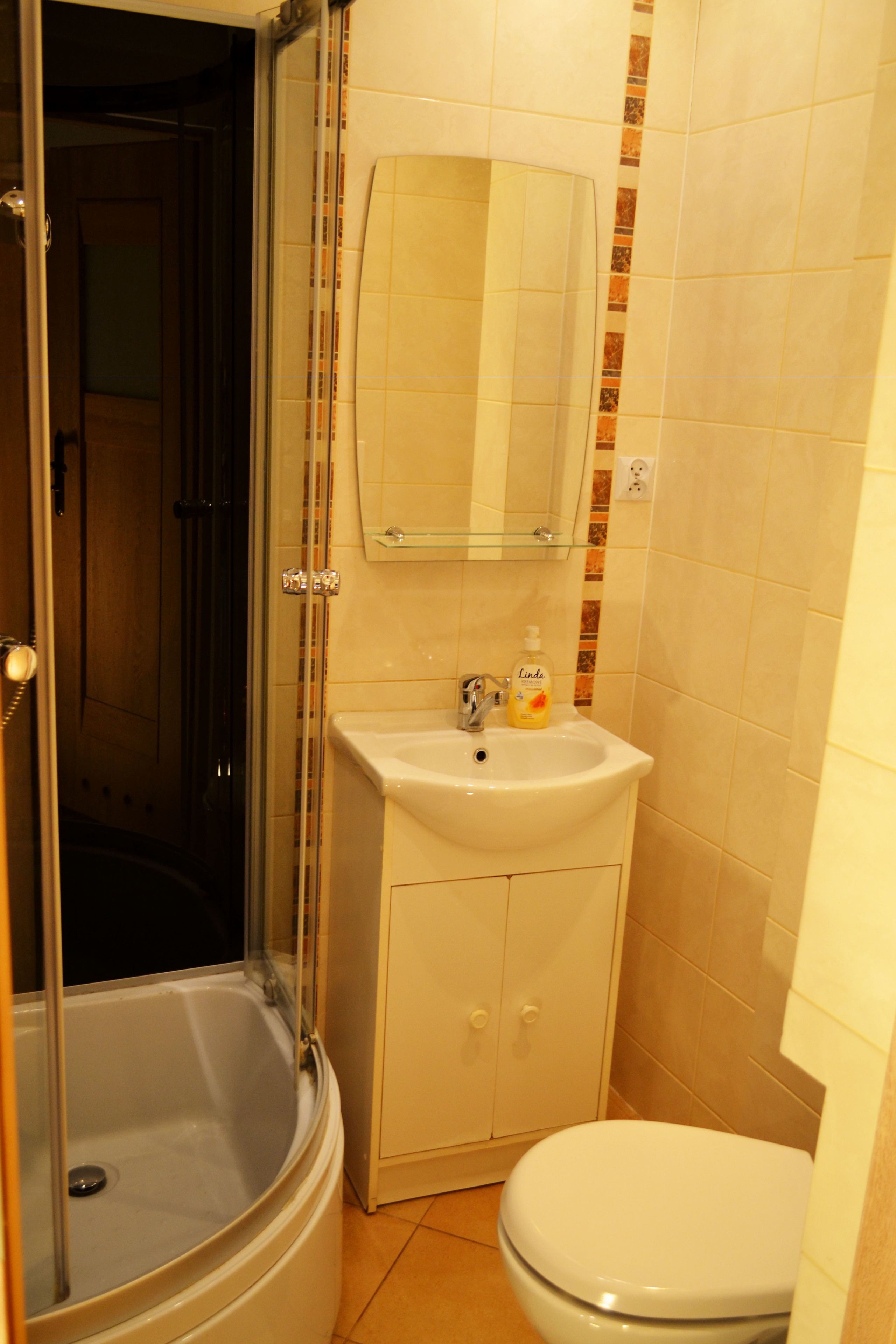 Une salle de bain avec une douche à parois de verre, un lavabo avec un miroir au-dessus et des toilettes.