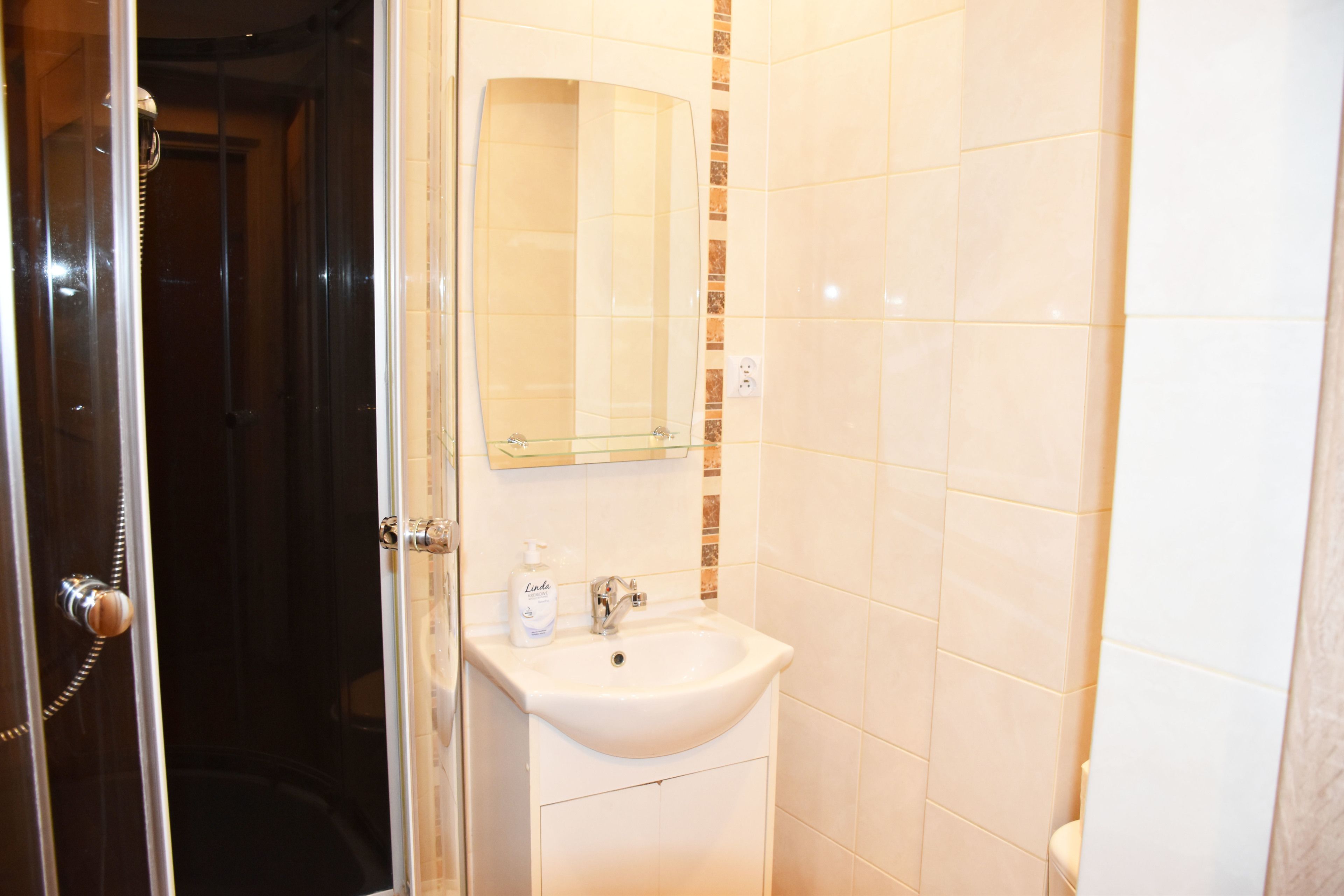 Une salle de bain avec une porte de douche en verre, un lavabo blanc avec un miroir au-dessus et des toilettes.