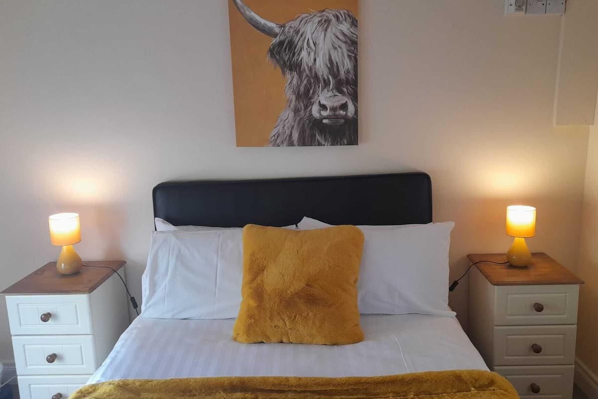 A bed with white bedding, a black headboard, and a single brown pillow. There are two bedside tables with lamps on either side of the bed.