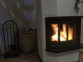 TelevisiĂłn de pantalla plana, chimenea, reproductor de DVD