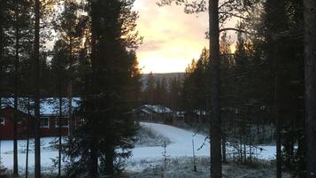 Un paysage enneigé avec de grands arbres et un bâtiment situé au loin.