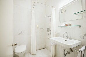 Comfort Twin Room, 2 Twin Beds | Bathroom | Shower, free toiletries, hair dryer, towels - Hotel Albrici (Poschiavo)