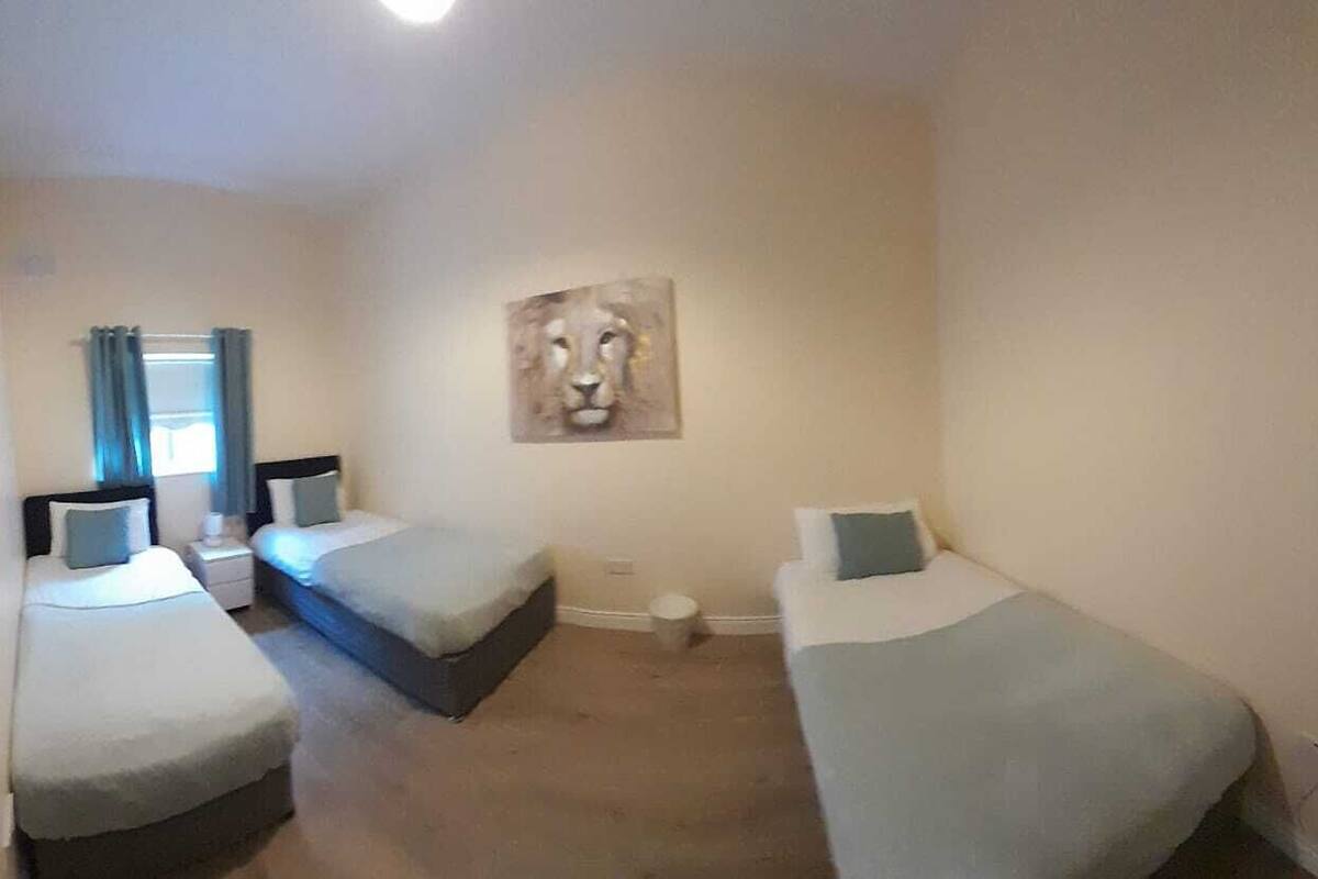 A bedroom with three single beds, a nightstand, a lamp, a painting of a lion, and a window with curtains.