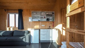Une pièce compacte aux murs lambrissés, comprenant un coin cuisine, un canapé et un lit.