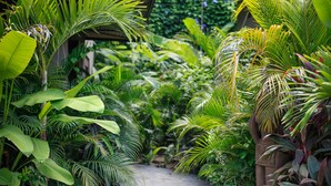 A pathway surrounded by lush tropical foliage, leading to a structure with a stone facade. - Lua Villas (Cóbano)