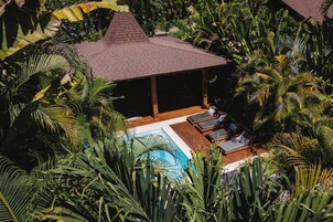Zona junto a la piscina con sillones de descanso, un espacio cubierto para sentarse y abundante vegetación tropical.