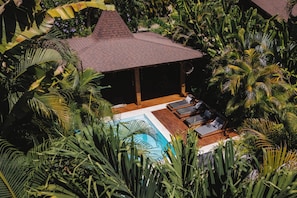 A poolside area with lounge chairs, a covered seating area, and lush tropical vegetation.