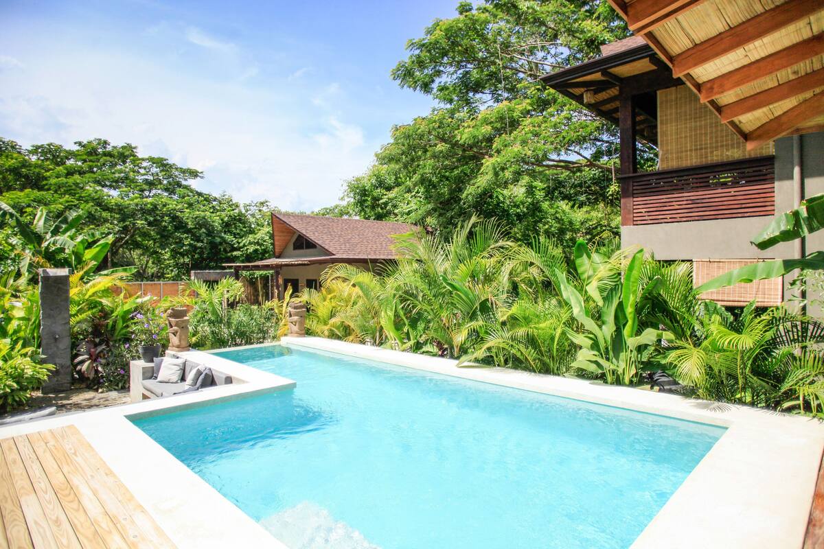 A swimming pool surrounded by lush greenery and a wooden deck.