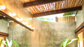 Shower, rainfall showerhead, hair dryer, towels