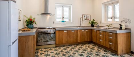 A kitchen with a stove, sink, and wooden cabinets.