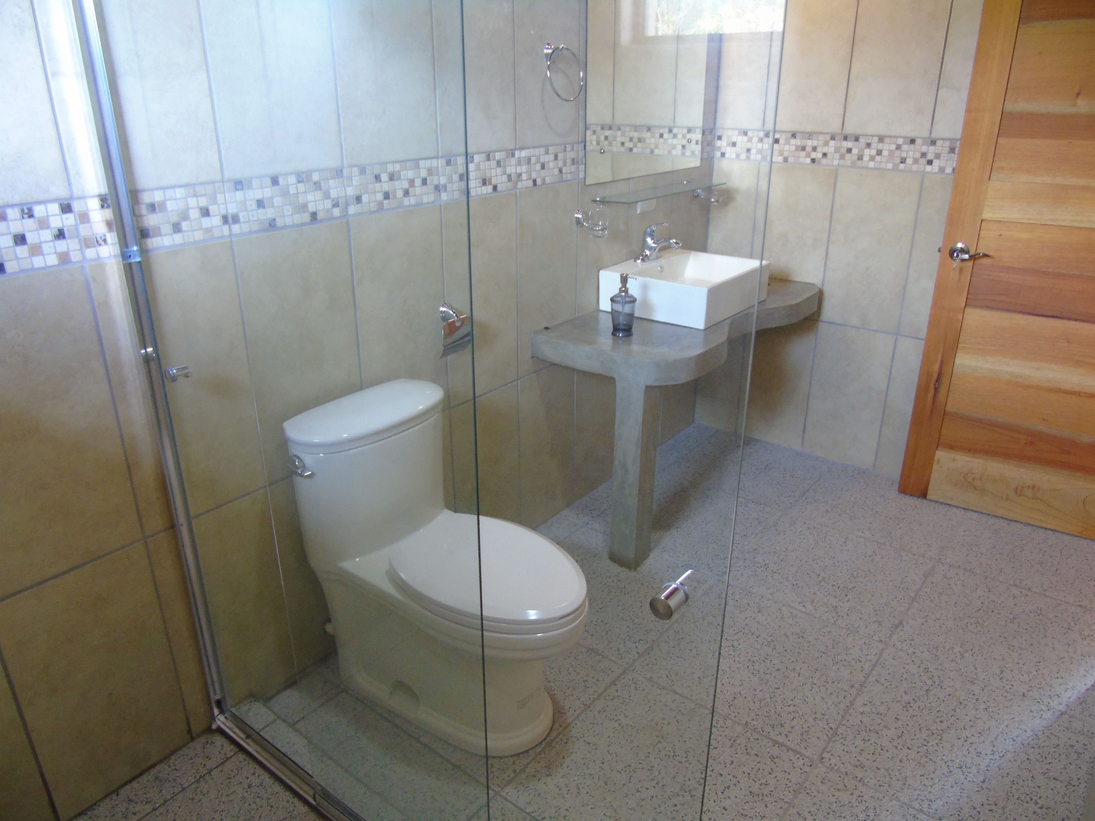 Une salle de bain avec des toilettes, un lavabo et une douche.