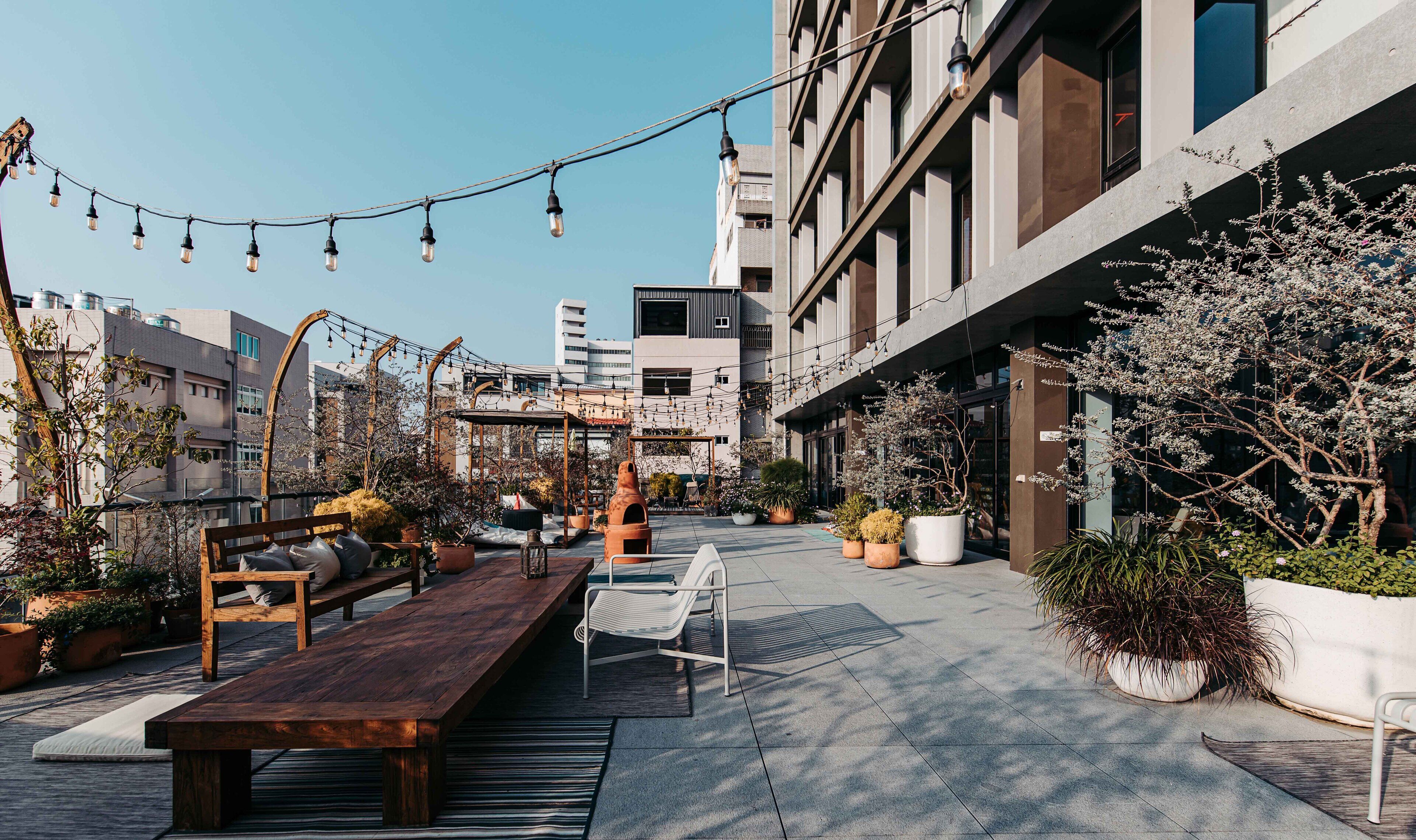 An outdoor seating area with a wooden bench and a white chair, surrounded by potted plants and string lights.