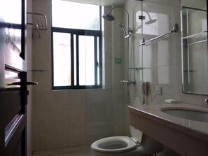 Ein Badezimmer mit Toilette, Waschbecken, Dusche und einem großen Spiegel.