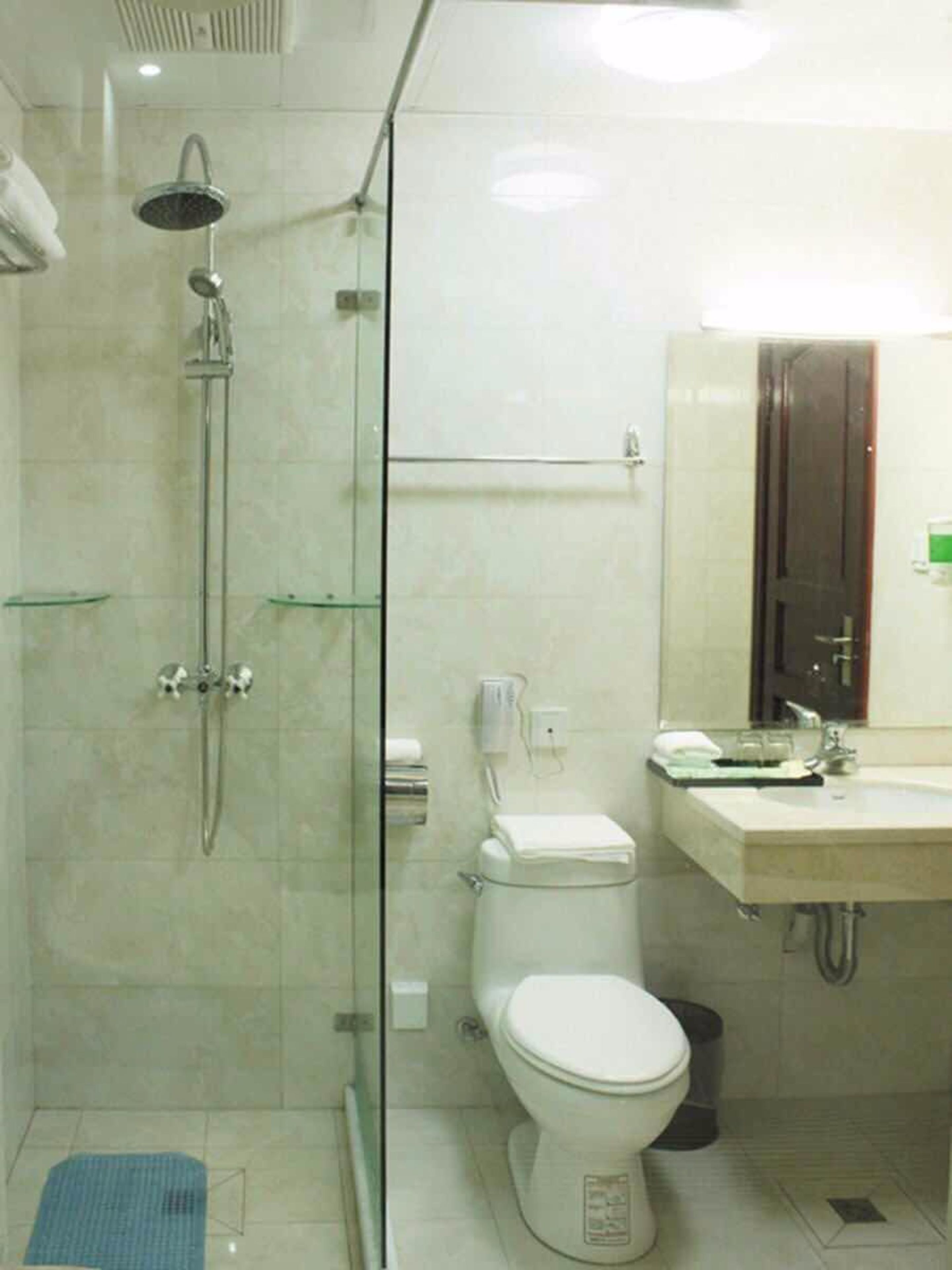A modern bathroom with a glass-enclosed shower, a toilet, and a sink with a mirror above it.