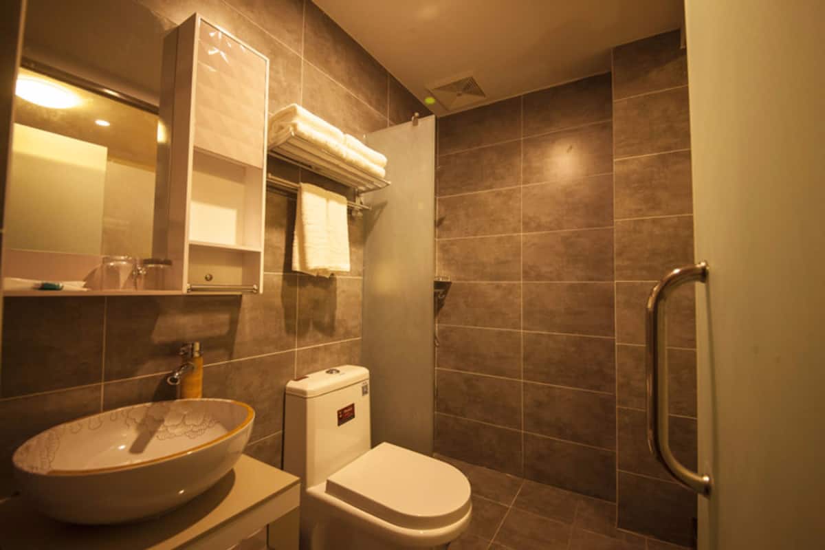 deluxe double room | bathroom | shower, free toiletries, hair dryer, slippers