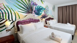 A hotel room with two beds, a decorative wall mural, and a brown curtain. - Hotel de Art USJ 21 (Subang Jaya)