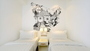 A bedroom with two beds, a nightstand, and a wall-mounted artwork depicting a mountain scene. - Hotel de Art USJ 21 (Subang Jaya)