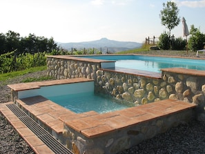 Seasonal outdoor pool, pool umbrellas, pool loungers