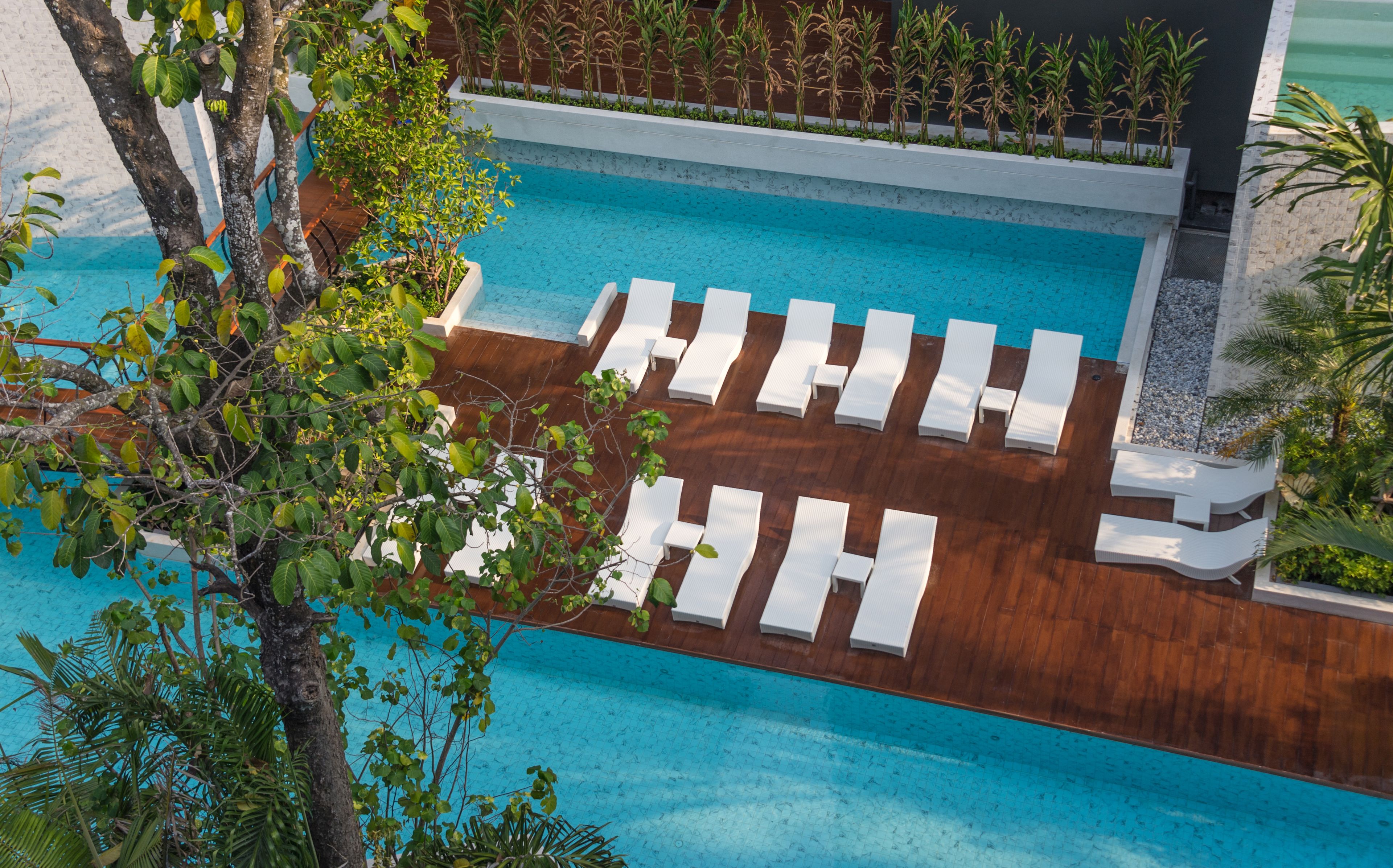 Un espace piscine agrémenté de chaises longues blanches disposées en rangées, entouré de verdure et doté d’une terrasse en bois.