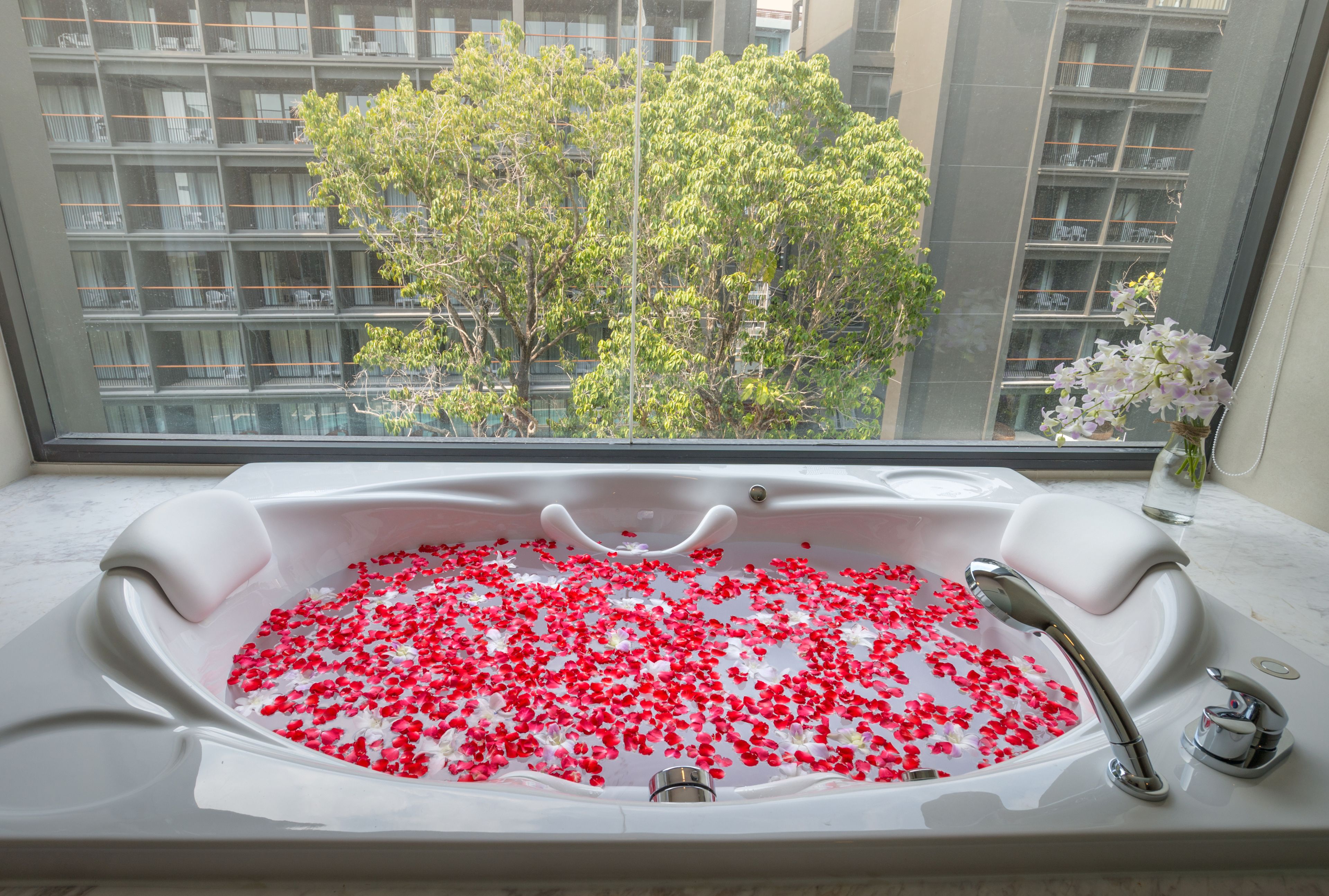 Una bañera llena de agua y pétalos de rosa, con vista a un árbol y edificios a través de una ventana.