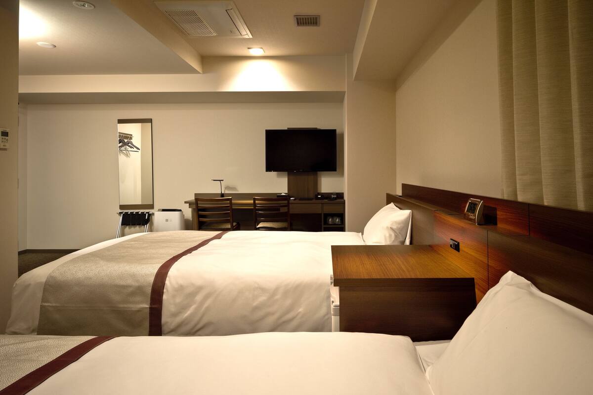 Een hotelkamer met twee bedden, een bureau, een stoel, een televisie en een spiegel.