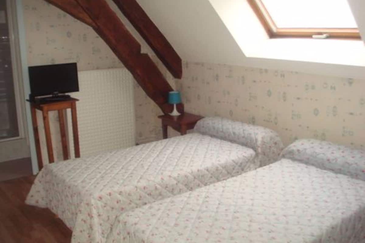 Ein Schlafzimmer mit zwei Betten, einem Fernseher auf einem kleinen Tisch und einem Oberlicht.