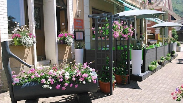 A bench with potted flowers, a pergola with hanging flowers, and a building facade with a sign. - Au Cheval Blanc (Saint-Amarin)