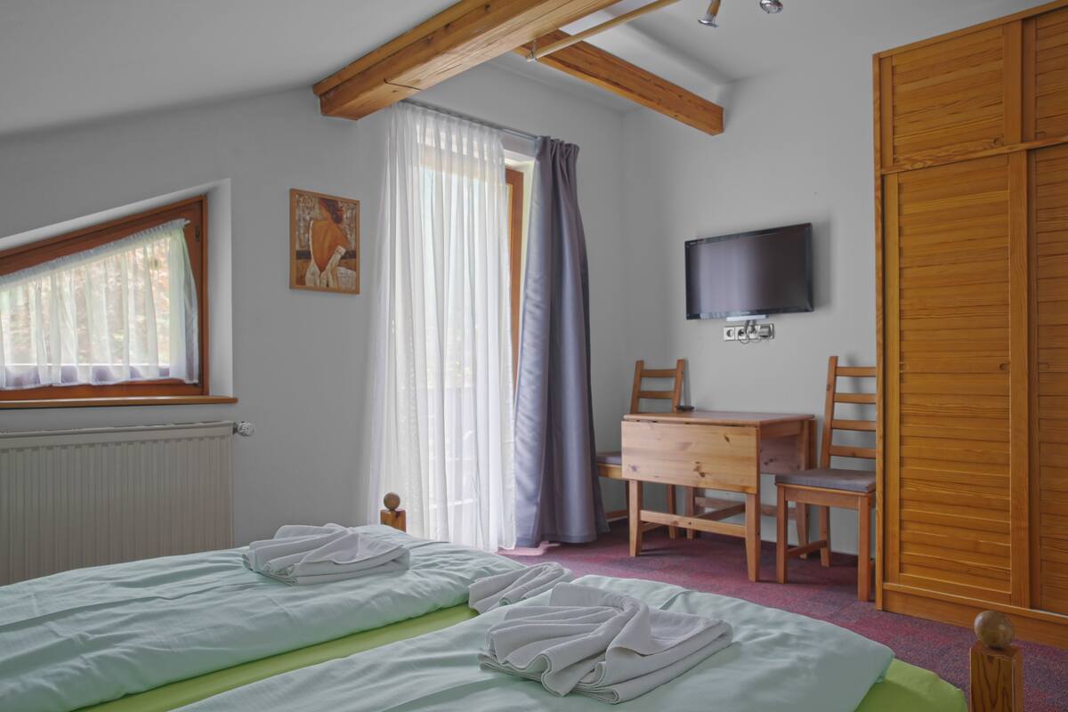 A bedroom with two beds, a wooden desk, a chair, a TV, and a wardrobe.