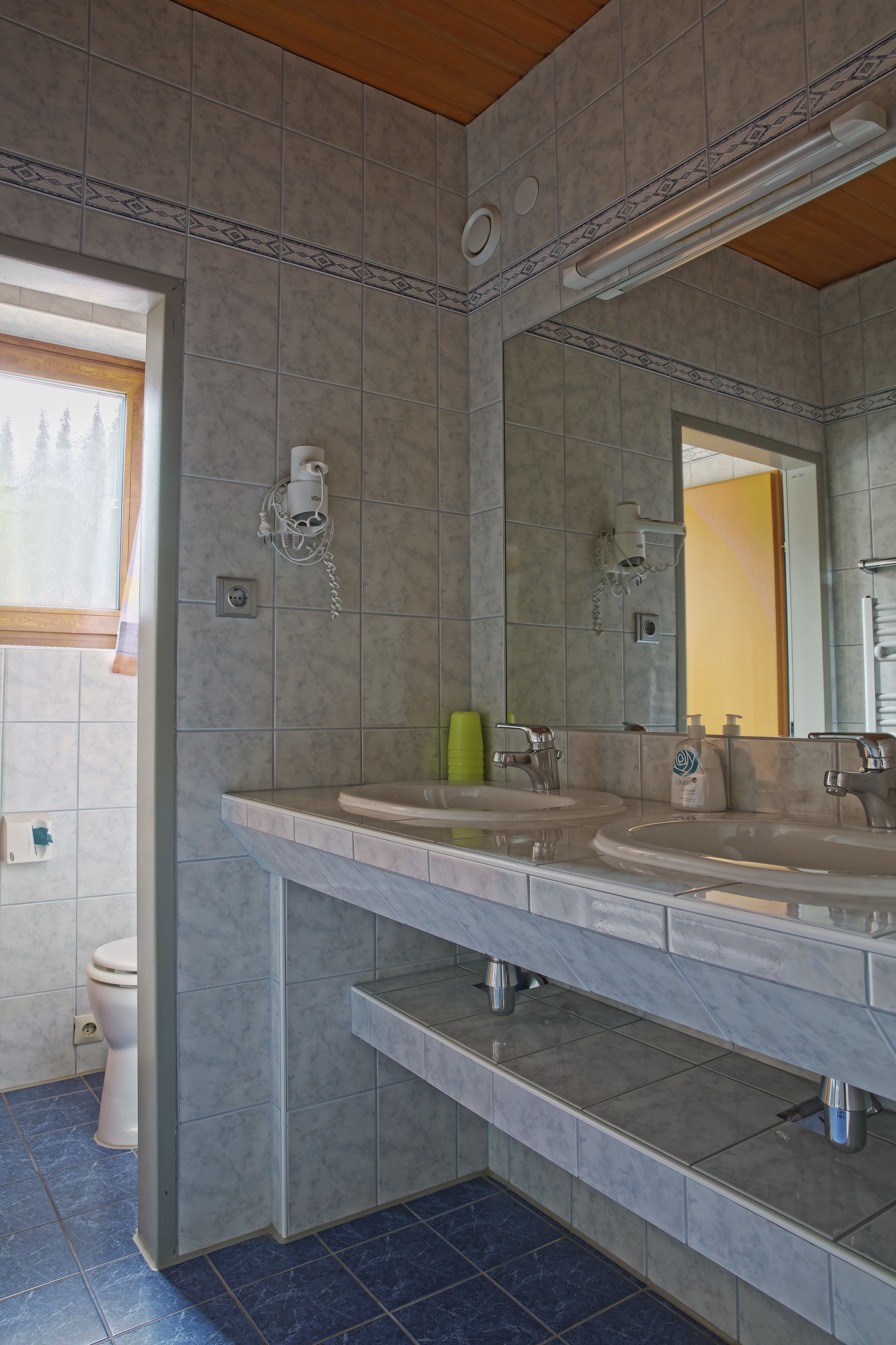 Un baño con dos lavamanos, un espejo y un inodoro.