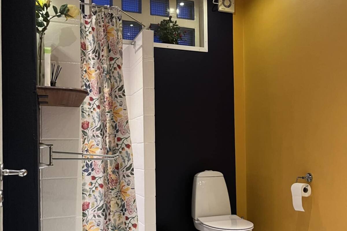 Ein Badezimmer mit Duschvorhang, Toilette und einer kleinen Ablage mit einer Pflanze.