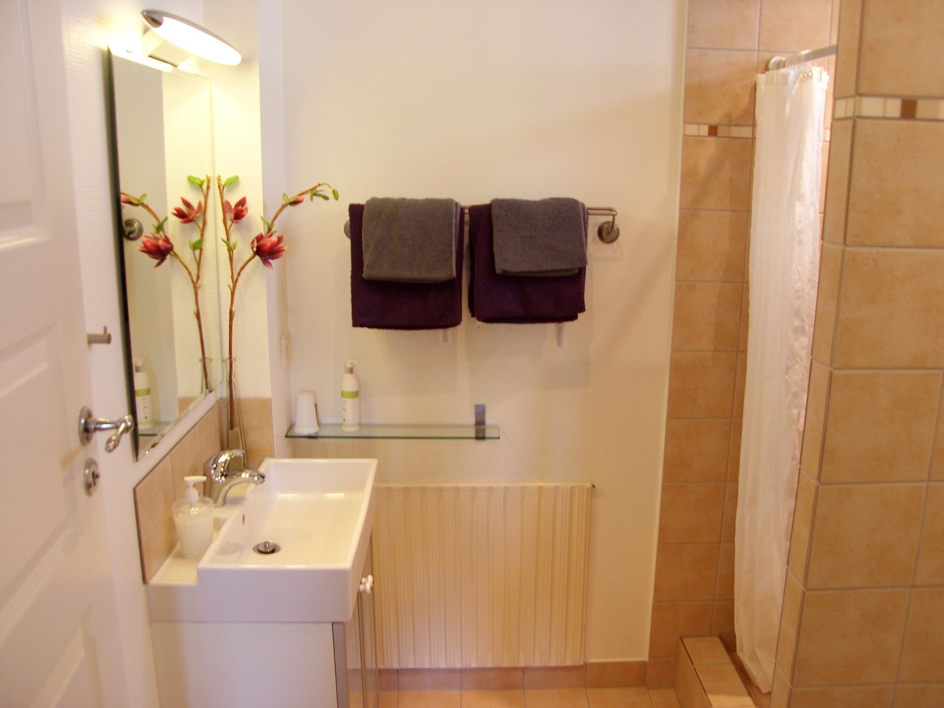 Une salle de bain avec un lavabo, un miroir et deux serviettes suspendues à un porte-serviettes.