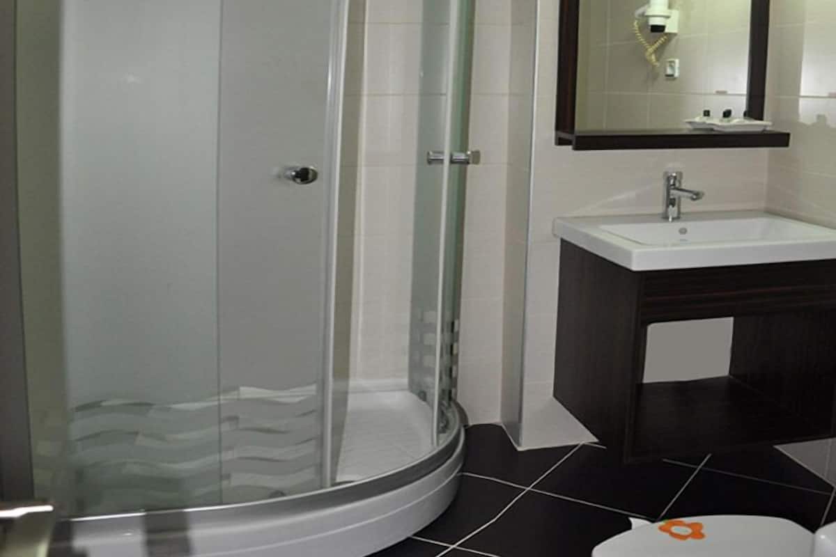 Shower, free toiletries, hair dryer, slippers