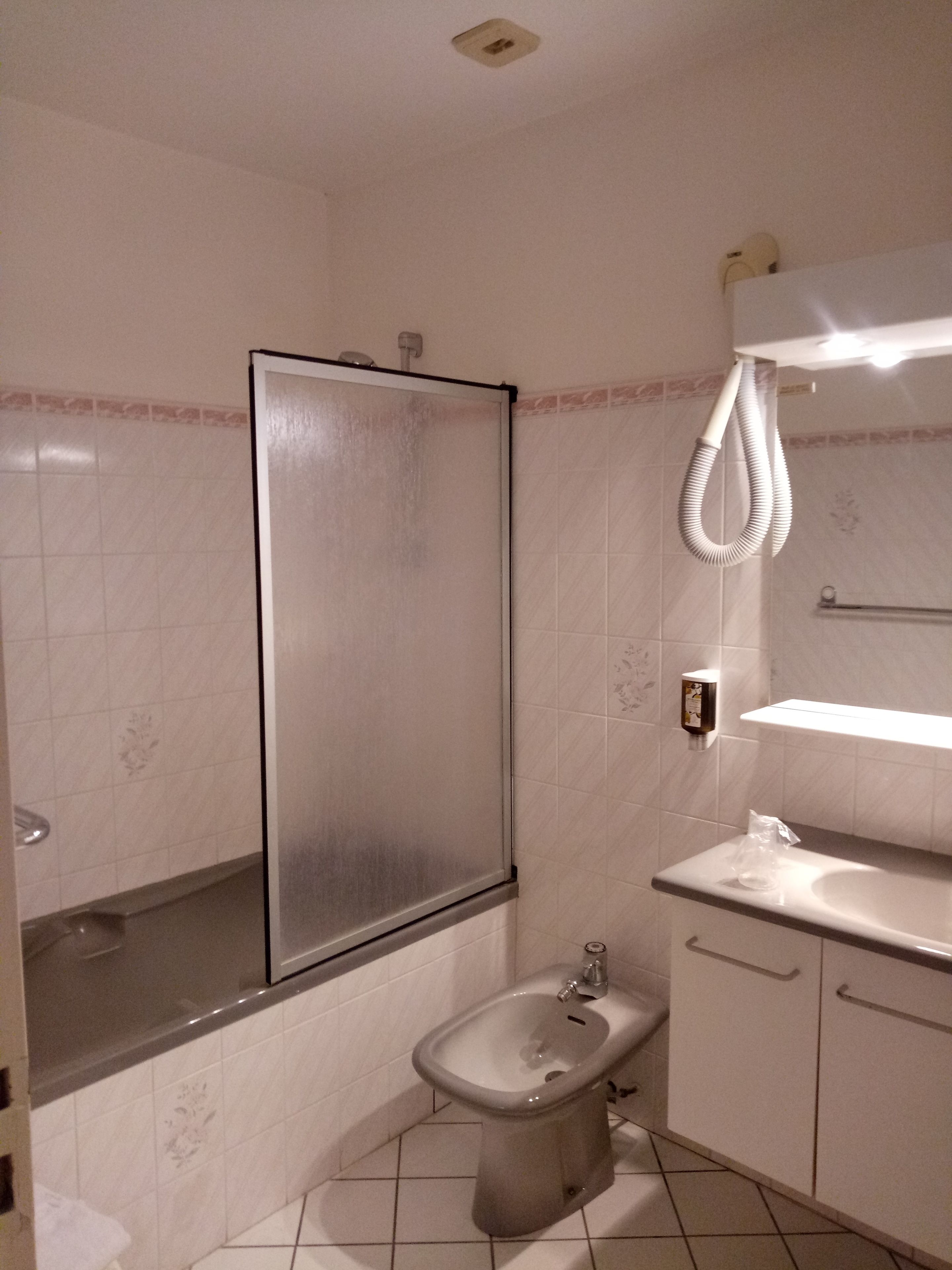 Un baño con ducha, un lavamanos, un bidé y un espejo.