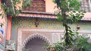 Un patio con suelo de baldosas, un arco decorativo y diversas plantas.