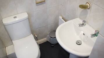 A bathroom with a toilet, sink, and a trash bin.
