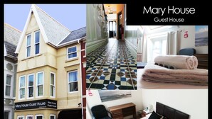 A guest house named Mary House with a traditional facade, a checkered floor, and a neatly made bed with towels.